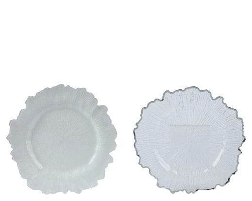 ASSIETTE DE PRESENTATION BLANCHE OU TRANSPARENTE AVEC LISERE ARGENT PLASTIQUE 32CM