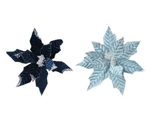 POINSETTIA SUR CLIP 2 NUANCES DE BLEU 34CM