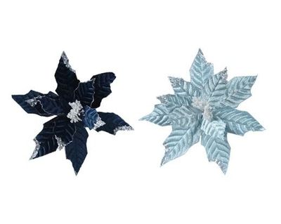 POINSETTIA SUR CLIP 2 NUANCES DE BLEU 34CM