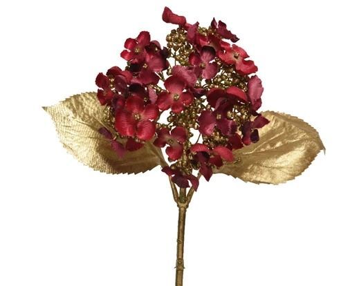 HORTENSIA BORDEAUX TIGE ET FEUILLAGE OR 67CM