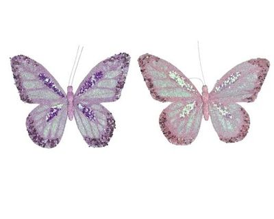 PAPILLON SUR CLIP PAILLETTES ROSE OU PARME 14x19CM