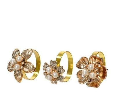 ROND DE SERVIETTE FLEUR BLANC ET OR METAL 3 MODELES ASSORTIS (x4)