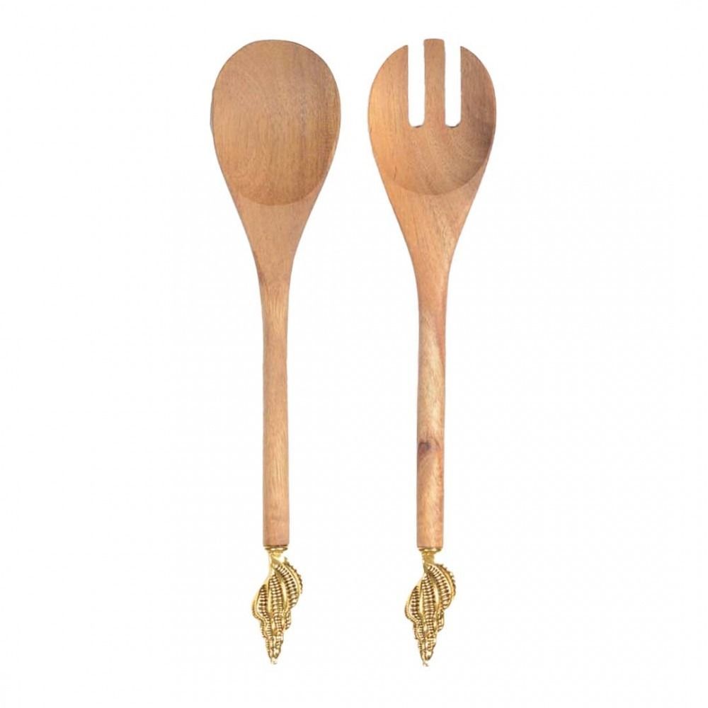 COUVERT A SALADE BOIS COQUILLAGES DORES 30.5CM