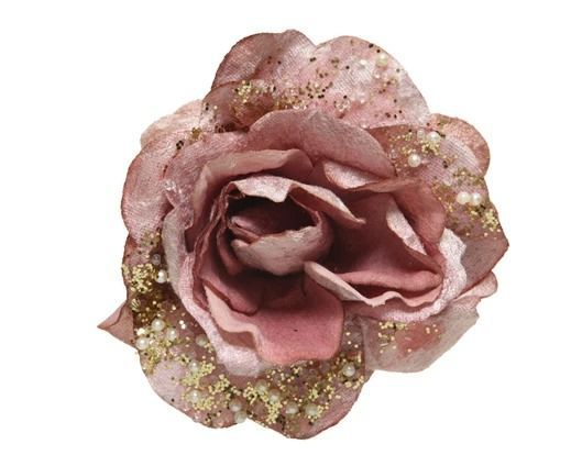 ROSE SUR CLIP VIEUX ROSE ET PAILLETTES 13CM
