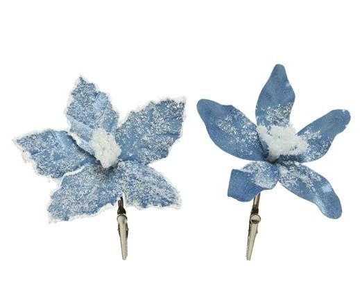 POINSETTIA SUR CLIP BLEU GIVRE 2 MODELES ASSORTIS 13CM