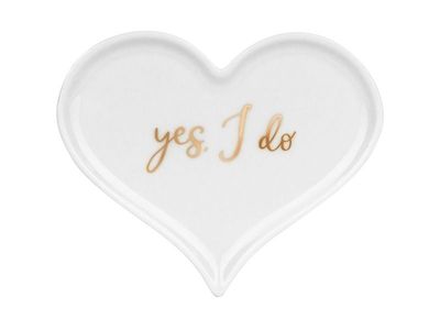 PRESENTOIRE A ALLIANCE FORME COEUR PORCELAINE "YES I DO" OR 13x11CM