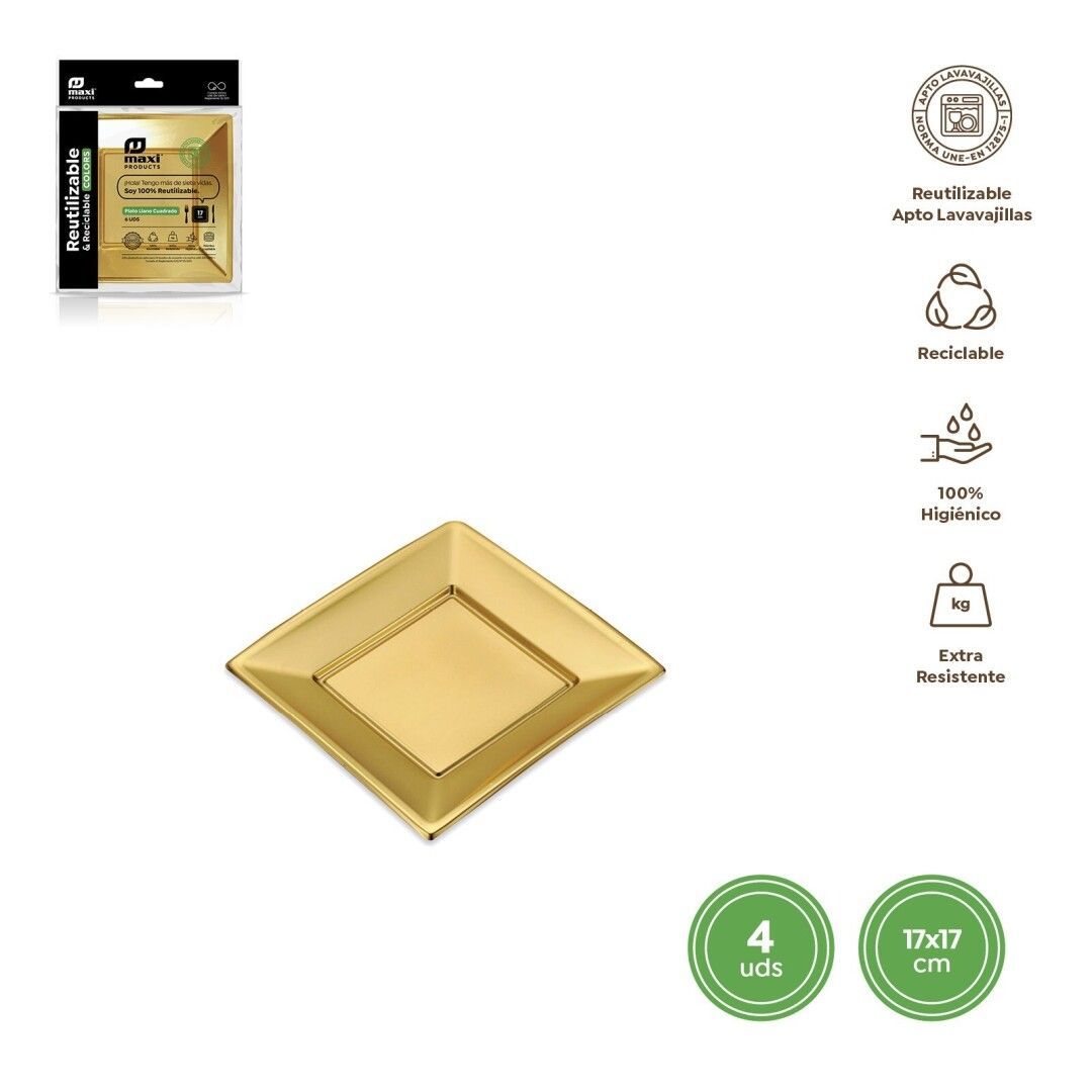 ASSIETTE CARREE PLASTIQUE DORE 17CM (x4)