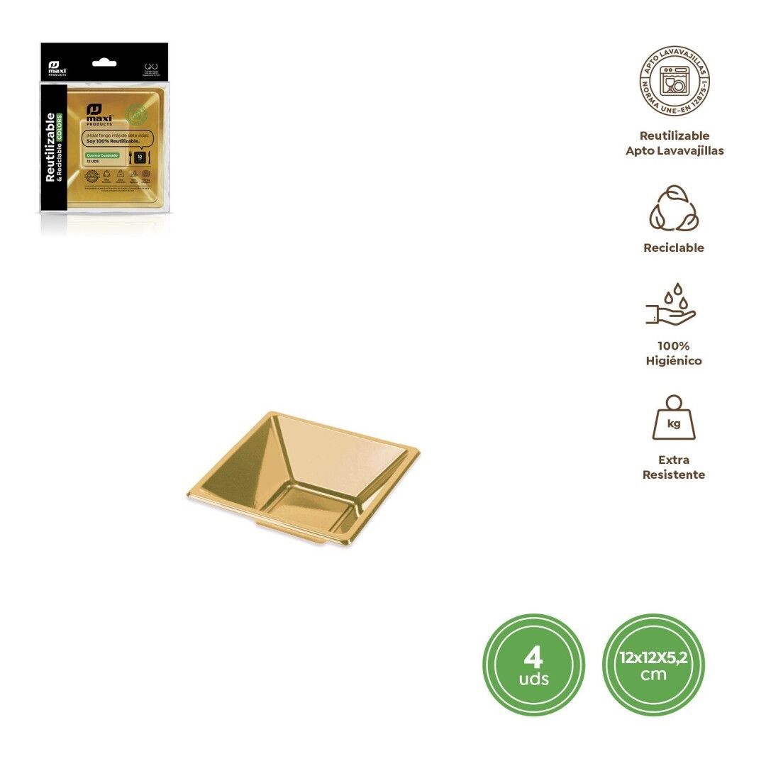 COUPELLE CARREE CREUSE PLASTIQUE DORE 12CM (x4)