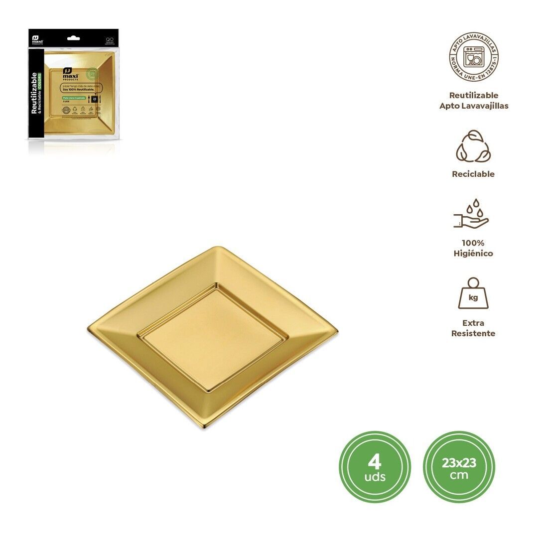 ASSIETTE CARREE PLASTIQUE DORE 23CM (X4)