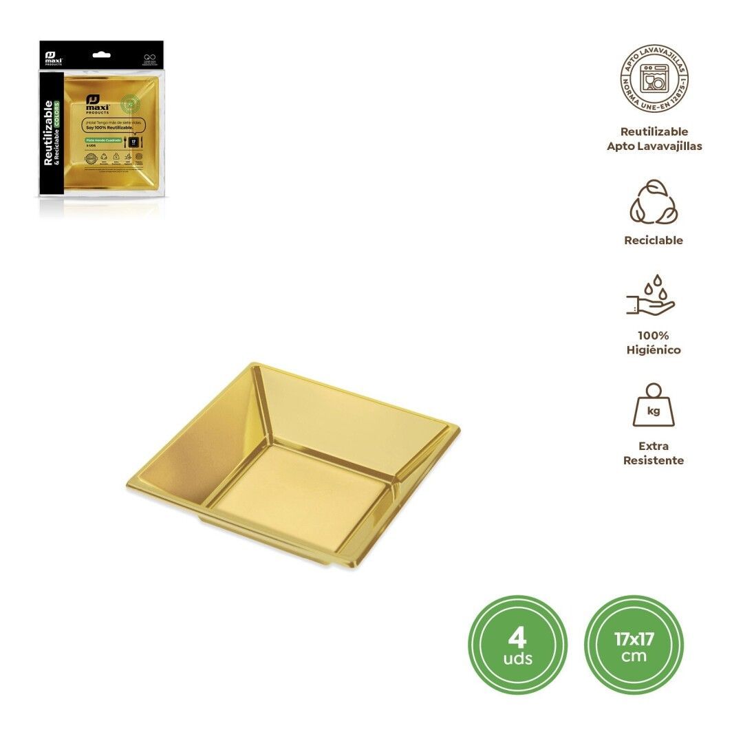 ASSIETTE CARREE CREUSE PLASTIQUE DORE 17CM (x4)