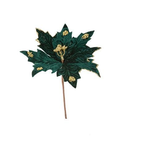 POINSETTIA SUR TIGE VELOURS VERT ET OR 26CM
