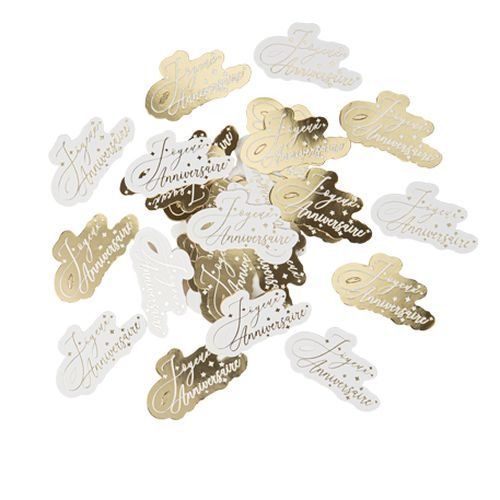 CONFETTIS "JOYEUX ANNIVERSAIRE" OR ET BLANC 2.5x5CM (x100)