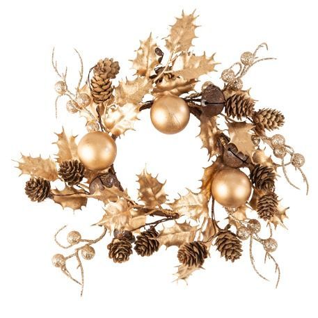 COURONNE POMMES DE PIN, GRELOT, HOUX ET BAIES DORES 30CM