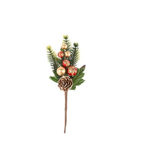 BRANCHE DE SAPIN, POMMES DE PIN ET BAIES ROUGE ET OR 17CM