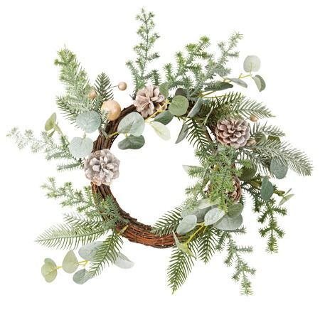 COURONNE NACREE FEUILLAGE POMMES DE PIN ET BOULES 45CM