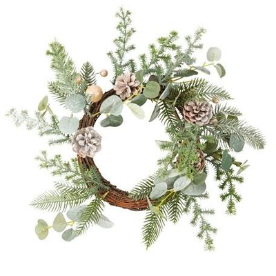 COURONNE NACREE FEUILLAGE POMMES DE PIN ET BOULES 45CM COURONNE NACREE FEUILLAGE POMMES DE PIN ET BOULES 45CM