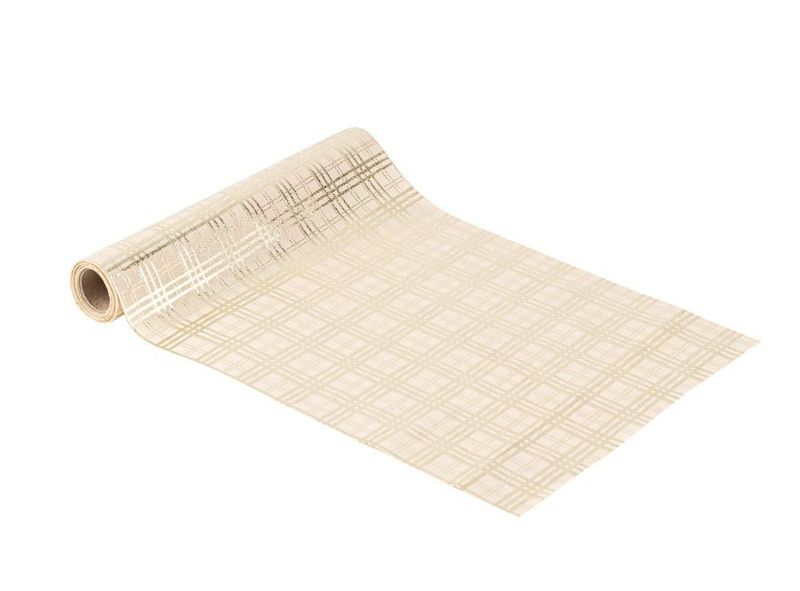 CHEMIN DE TABLE TISSU CARREAUX CREME ET OR 28CMx3M
