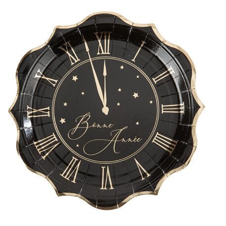ASSIETTE RONDE MOTIF HORLOGE BONNE ANNEE NOIR ET OR 22.5CM (x8)