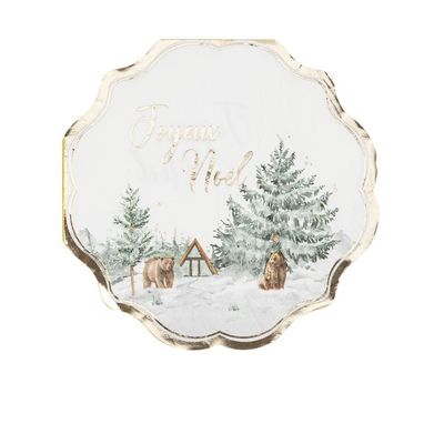 SERVIETTE RONDE BLANCHE "JOYEUX NOEL" VERT ET OR 32CM (x16)