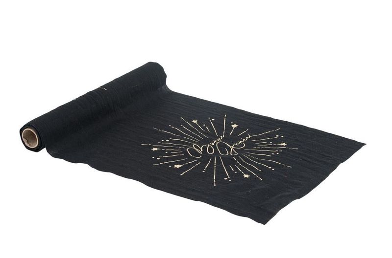 CHEMIN DE TABLE MOUSSELINE NOIRE "BONNE ANNEE" OR 28CMx3M