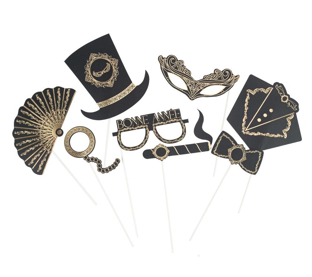 KIT PHOTOBOOTH "BONNE ANNEE" NOIR ET OR 8 PIECES