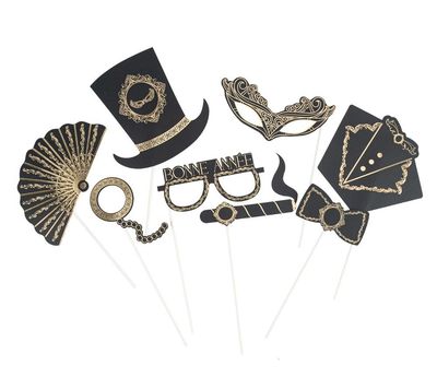KIT PHOTOBOOTH "BONNE ANNEE" NOIR ET OR 8 PIECES
