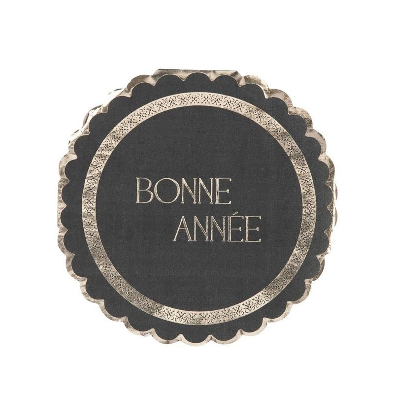 SERVIETTE RONDE "BONNE ANNEE" NOIR ET OR 32CM (16)
