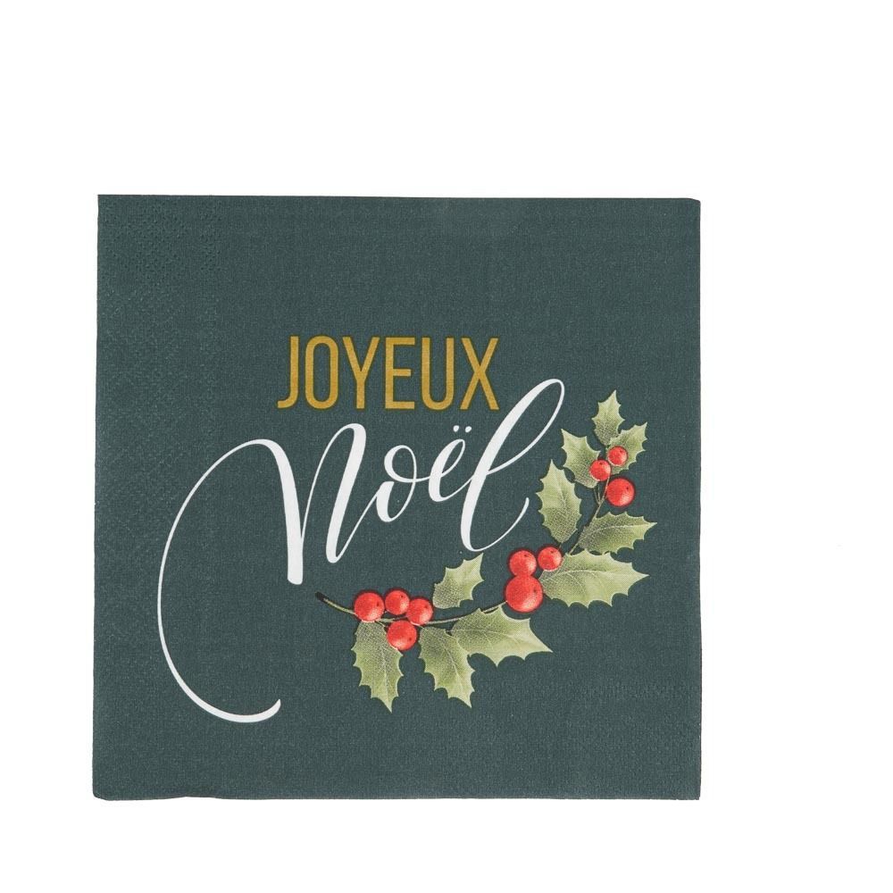 SERVIETTE VERT JOYEUX NOEL ET BRANCHE OR ET ROUGE 33CM (x20)