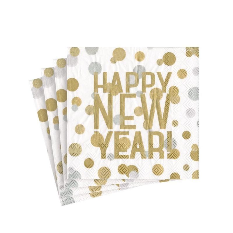 SERVIETTE COCKTAIL "HAPPY NEW YEAR" CONFETTIS OR ET ARGENT 25CM (x20)