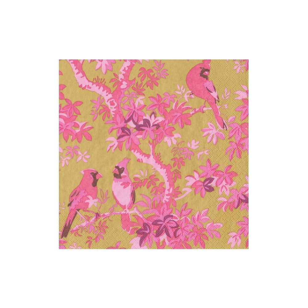 SERVIETTE COCKTAIL OISEAUX PARADISIAQUE ROSE ET OR 25CM (x20)