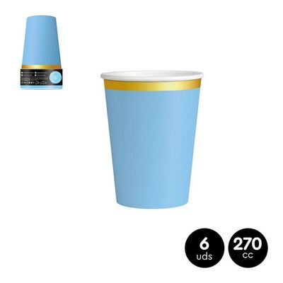 GOBELET CARTON BLEU PASTEL LISERE OR 27CL (x6)