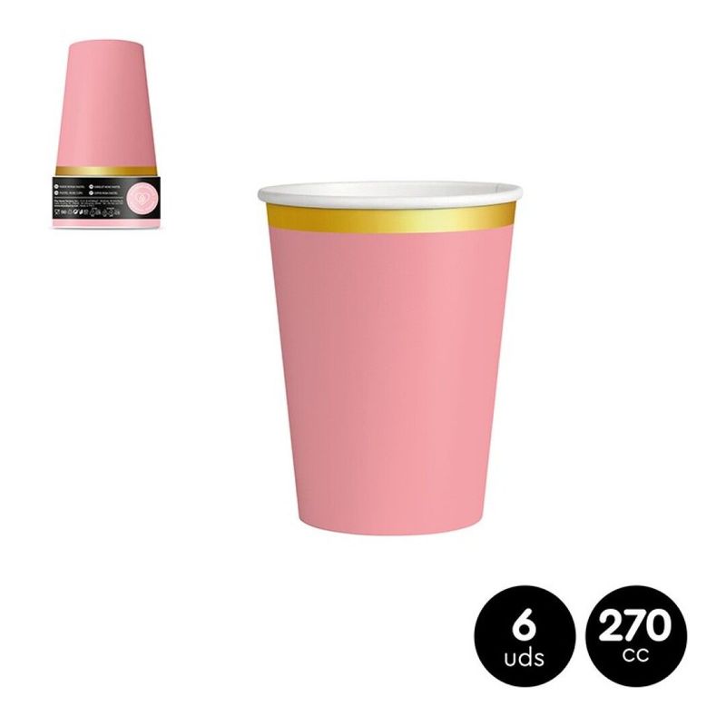 GOBELET CARTON ROSE PASTEL LISERE OR 27CL (x6)