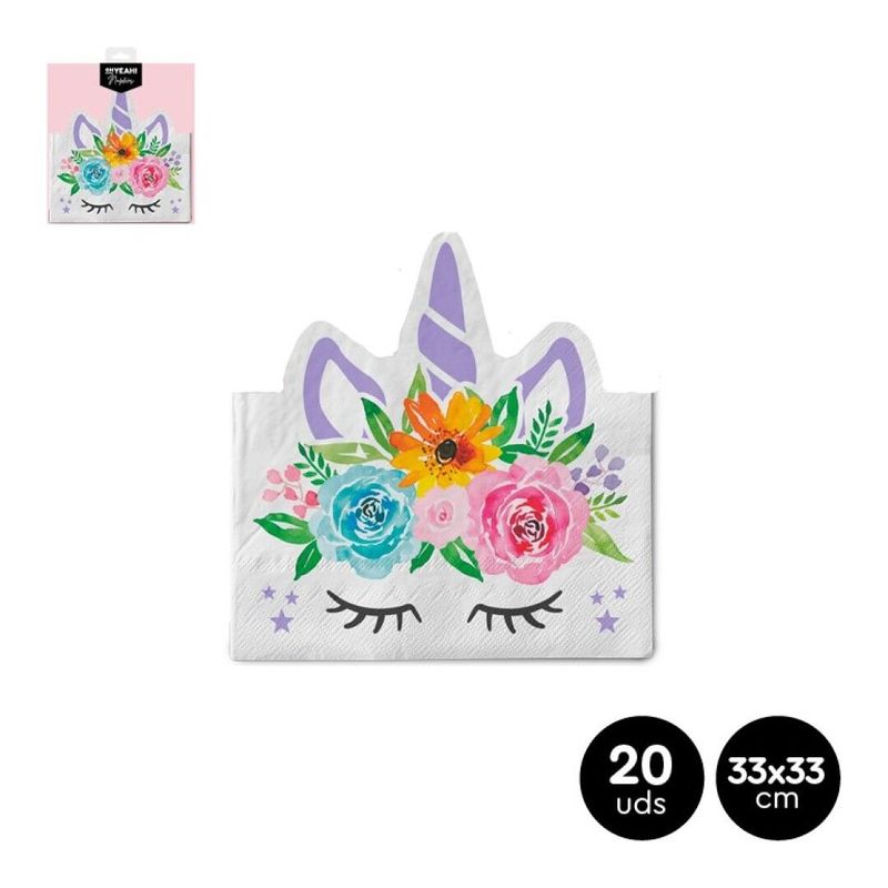 SERVIETTE LICORNE COURONNE FLEURIE 33CM (x20)