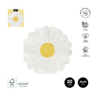 SERVIETTE FORME MARGUERITE BLANCHE ET JAUNE 33CM (x30)