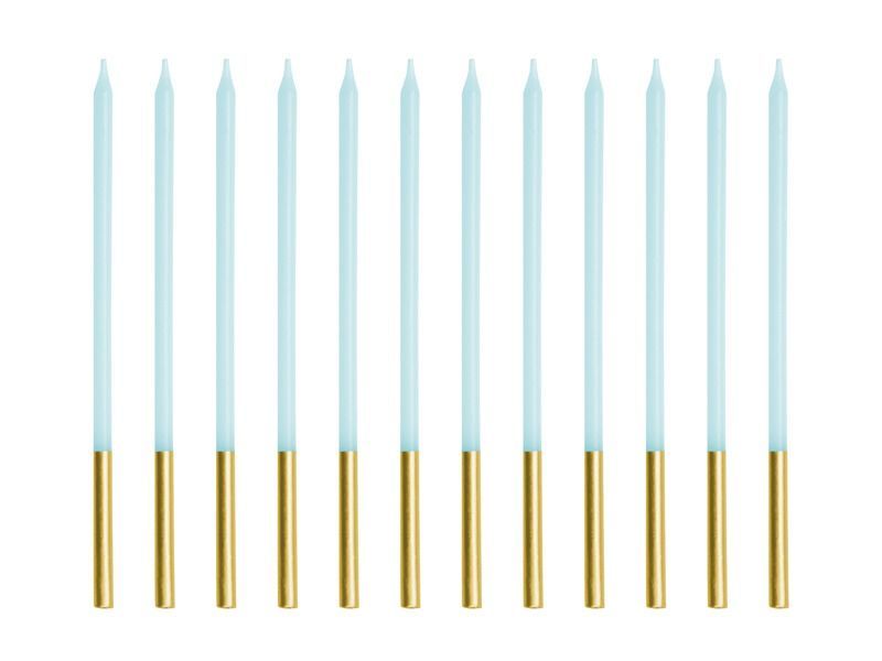 BOUGIE LONGUE BLEU CIEL BASE OR 14CM (x12)