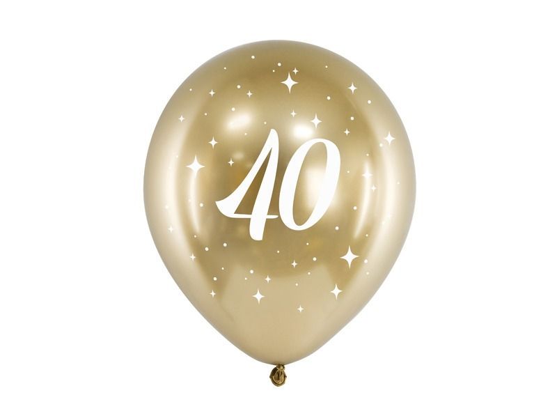 BALLON LATEX OR GLOSSY "40" + ETOILES BLANC 30CM (x6)