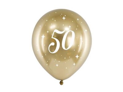 BALLON LATEX OR GLOSSY "50" + ETOILES BLANC 30CM (x6)