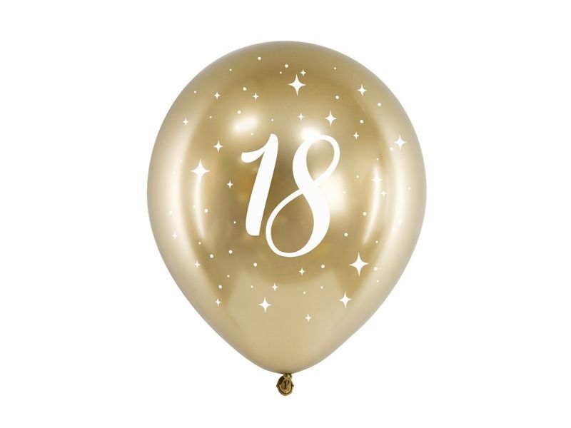 BALLON LATEX OR GLOSSY "18" + ETOILES BLANC 30CM (6)