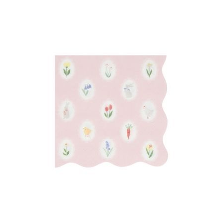 SERVIETTE COCKTAIL ROSE PETITES FLEURS ET LAPIN BORD BISCUIT 25CM (x16)