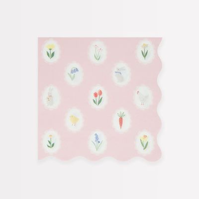 SERVIETTE ROSE PETITES FLEURS ET LAPIN BORD BISCUIT 33CM (x16)