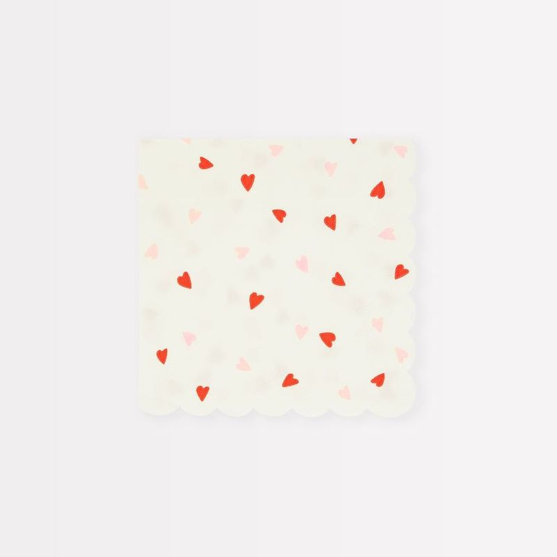 SERVIETTE BLANCHE A MOTIF COEUR ROSE ET ROUGE 25CM (x16)