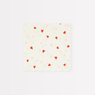 SERVIETTE BLANCHE A MOTIF COEUR ROSE ET ROUGE 25CM (x16)