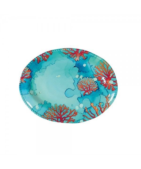 PLATEAU OVALE EN MELAMINE BLEU MOTIF CORAIL 43.5x21x2.5CM