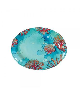 PLATEAU OVALE EN MELAMINE BLEU MOTIF CORAIL 43.5x21x2.5CM