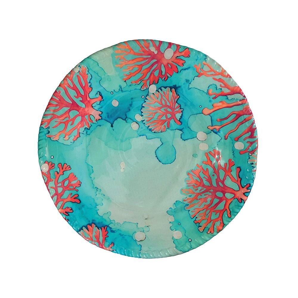 ASSIETTE PLATE EN MELAMINE BLEU MOTIF CORAIL 28x28x2.5CM