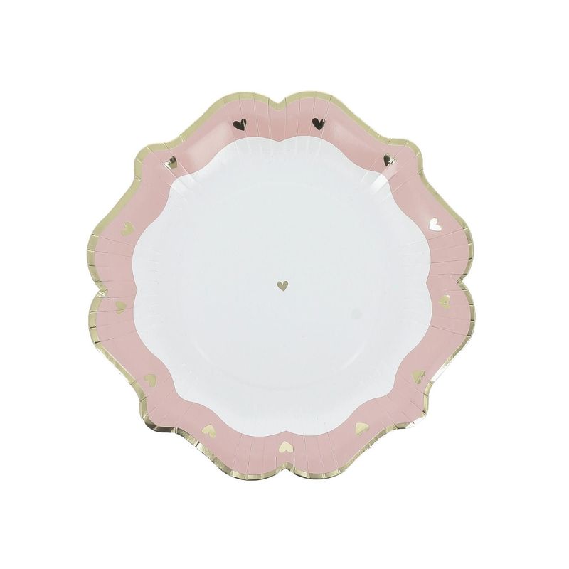 ASSIETTE BLANCHE PETITS COEURS ROSE ET OR 23CM (x8)