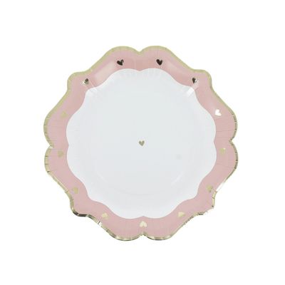 ASSIETTE BLANCHE PETITS COEURS ROSE ET OR 23CM (x8)