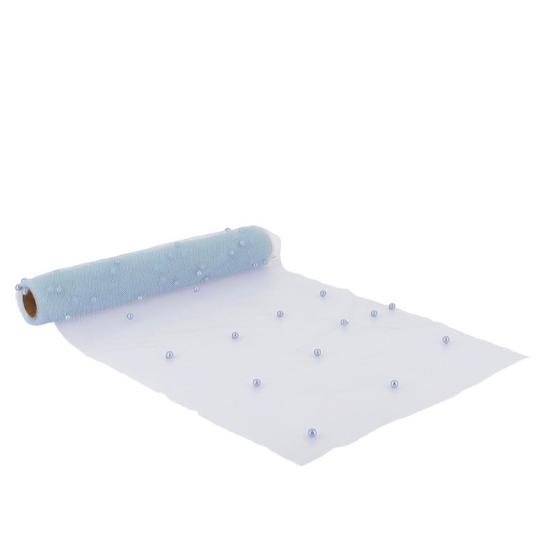 CHEMIN DE TABLE ORGANZA ET PERLES BLEU 28CMx5M
