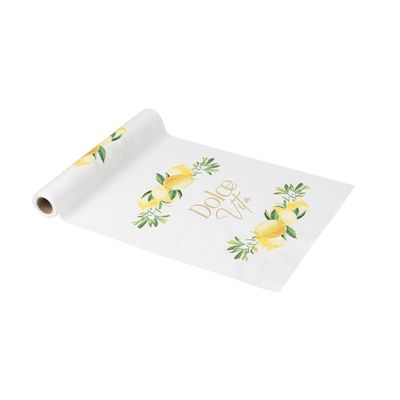 CHEMIN DE TABLE TISSU "DOLCE VITA" BLANC JAUNE ET OR 28CMx5M