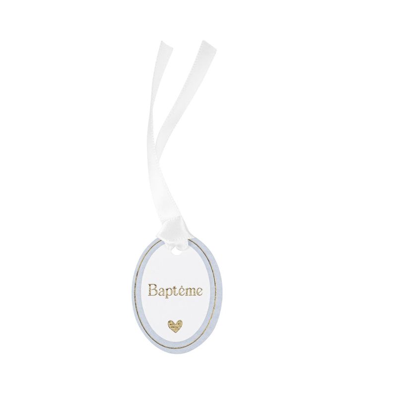 ETIQUETTE "BAPTEME" MEDAILLON BLEU BLANC ET OR + RUBAN SATIN 3Mx5CM (10)